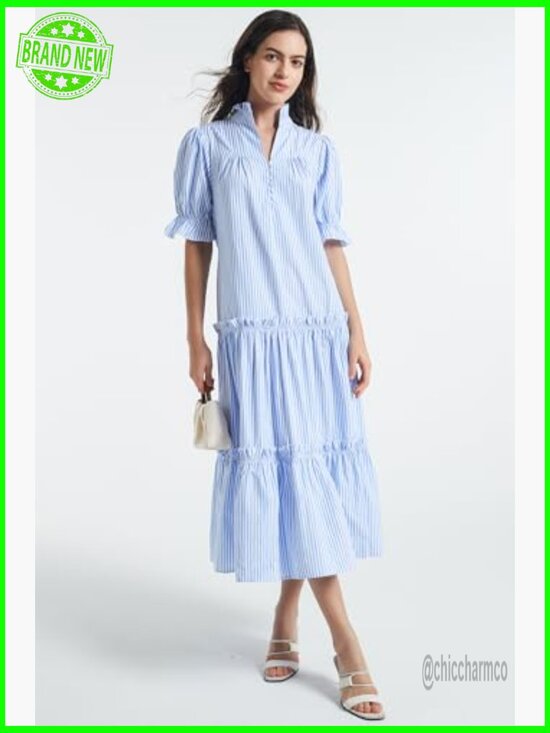 Small Maxi Dress with Puff Sleeves Button Down Tiered V-Neck Flowy - Picture 6 of 7